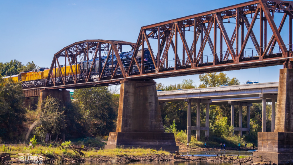 Union Pacific train crossing the Red River bridge near RiverView RV Park in Colbert, Oklahoma
